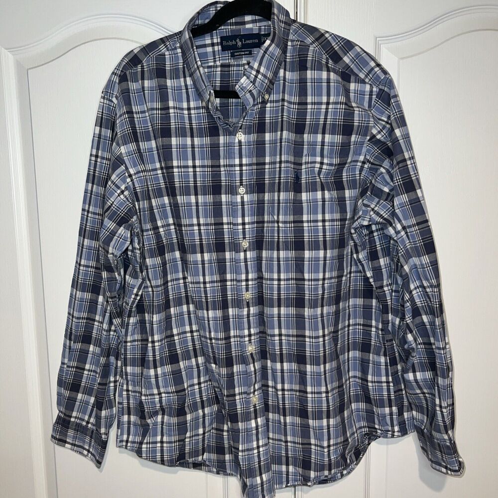 Ralph Lauren Shirt Mens XXL Blue Gray Plaid Custom Fit Long Sleeve Button Pony